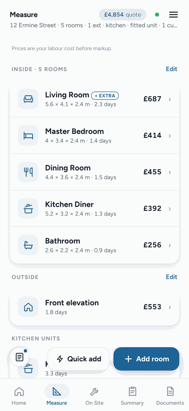 New Hue's Measure screen: five rooms and the outside, each with its price and days