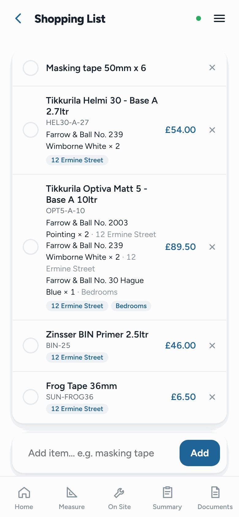 Shopping list of paints with sizes and prices