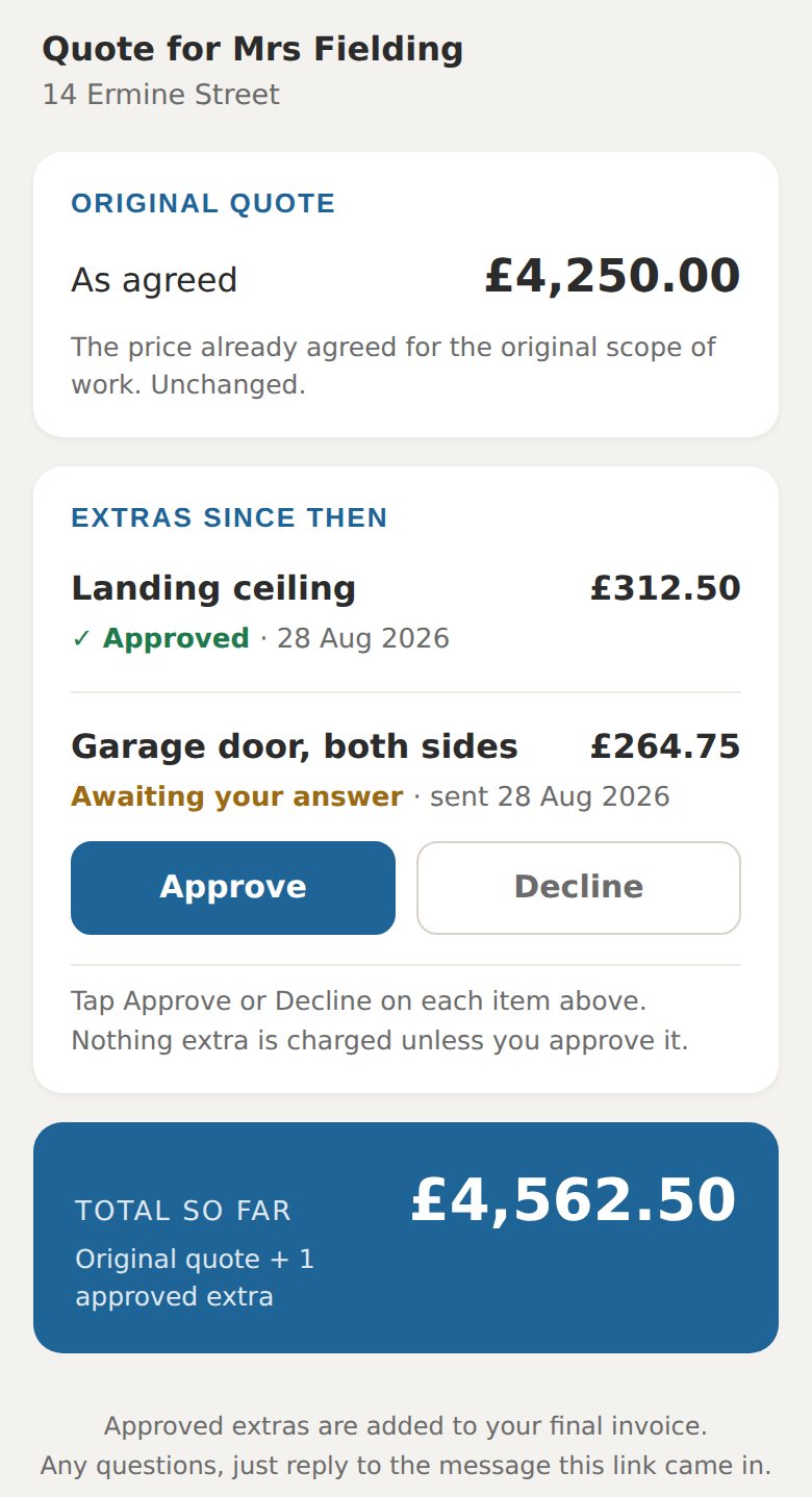 Client's page with the agreed quote and an extra to approve