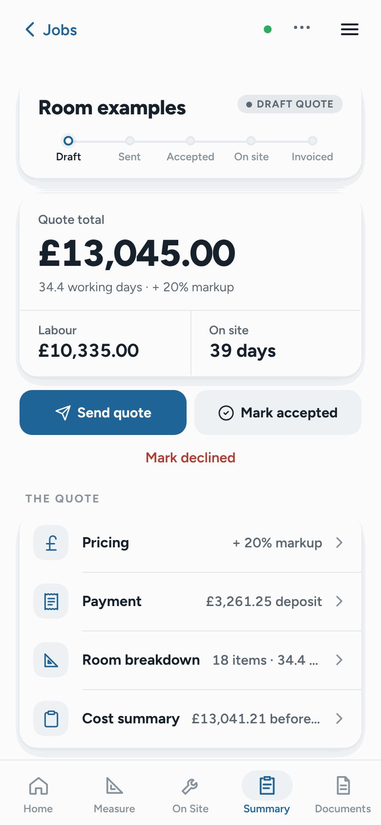 Job summary with the quote total, labour and deposit